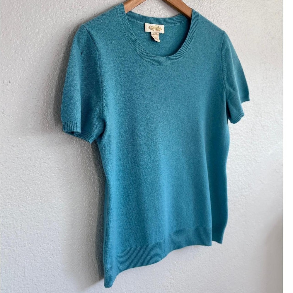 Vintage Peck and Peck Pure Cashmere Short Sleeve Knit Crewneck Sweater Teal M - Picture 5 of 9